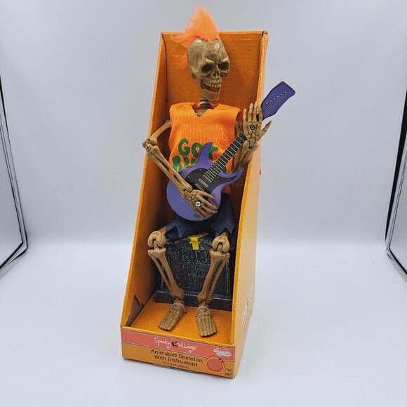 New Spooky Village Animated Skeleton Playing Guitar With Orange Mohawk - Picture 1 of 8